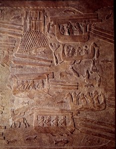 Mesopotamia: maritim scene som representerer transport av tømmer til Libanon. Detalj av en lavrelieff albaster fra Khorsabad (Khunsabad). Regne av Sargon II. 710 f.Kr. Paris, Louvre-museet av Mesopotamian Mesopotamian
