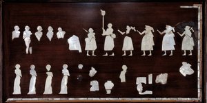 Mesopotamia: mosaikkelementer av Maris banner i bitumen, skjell og stein. 3500 f.Kr. ca. Fra tempelet til Ishtar av Mari. Søn 0,53x0,72 m Paris, musee du Louvre av Mesopotamian Mesopotamian