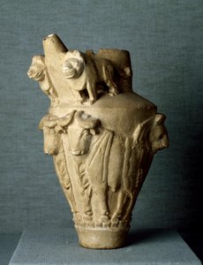 Mesopotamisk kunst: rituell kalksteinsvase med okser og løver. Sol. h. 30,2 cm Fra stedet til Uruk (eller Uruk), Irak. Bagdad, arkeologisk museum av Mesopotamian Mesopotamian