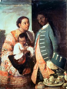 A Half-Breed and his Lobo Indian Wife and their Child, fra en serie om ekteskap av blandet rase i Mexico (olje på lerret) av Mexican School