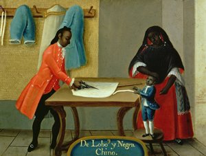 En Lobo-indianer, hans halvrase-afrikanske kone og deres barn, fra en serie om ekteskap med blandet rase i Mexico