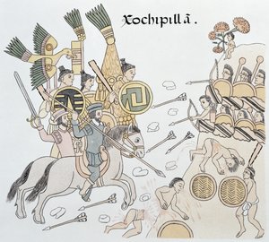 Slaget ved Xochipilla mellom spanjolene og aztekerne, illustrasjon fra en faksimile av en meksikansk indisk bildehistorie Lienzo de Tlaxcala fra ca. 1550, 1892