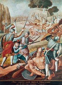 Erobringen av Mexico: kamp mot Hernando Cortes (Hernan Cortez) (1485-1547) til indianerne i Tabasco i 1519"" Maleri av den meksikanske skolen