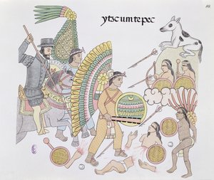 Hernando Cortes (1485-1547), under beleiring ved Tenochtitlan, bestemmer seg for å forlate byen, illustrasjon fra en faksimile av en meksikansk indisk bildehistorie Lienzo de Tlaxcala fra ca. 1550, 1892 (farge litho av Mexican School