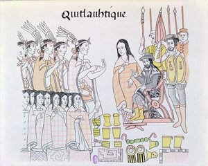 La Malinche (Dona Marina) fungerer som tolk under presentasjonen av kvinner og gull av Montezuma (1466-1520) til Hernando Cortes (1485-1547) illustrasjon fra en faksimile av et meksikansk indisk bilde