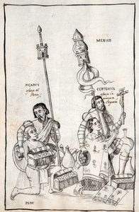 MS Hunter 242 f.248v Picarus (Pizarro) presenterer Peru og Cortesius (Cortes) Nueva Espana, illustrasjon fra Historia de Tlaxcala av Diego Munoz Camargo av Mexican School