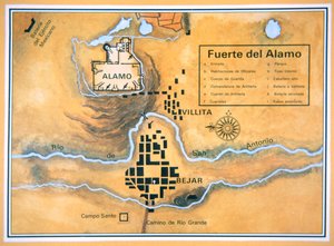Kart over Alamo-området i San Antonio basert på Santa Annas originale slagmarkskart