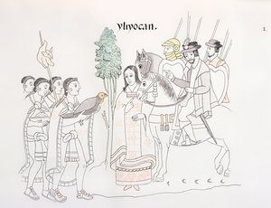 Møte mellom Hernando Cortes (1485-1547) og aztekerne, illustrasjon fra en faksimile av en meksikansk indisk bildehistorie Lienzo de Tlaxcala fra ca. 1550, 1892 av Mexican School