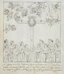 Ms Hunter 242 f.239v The Erection of the First Cross, fra Historia de Tlaxcala av Diego Munoz Camargo av Mexican School