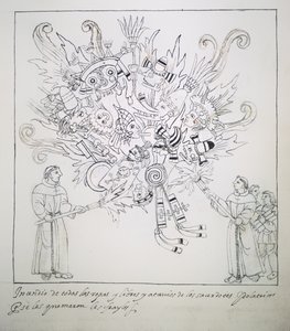 Ms Hunter 242 f.242r Fransiskanerbrødrene brenner tradisjonelle bøker og klær, fra Historia de Tlaxcala av Diego Munoz Camargo av Mexican School