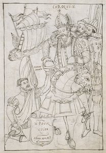 Ms Hunter 242 f.249r Christopher Columbus (1451-1506) tilbyr symbolsk den nye verden til Charles V (1500-08), fra Historia de Tlaxcala av Diego Munoz Camargo av Mexican School
