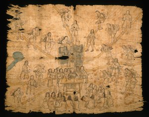 Side fra Codex San Pedro Atlapolco, Nahua (blekk og akvarell på amate-papir) (se også 499243) av Mexican School