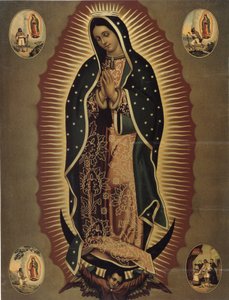Representasjon av jomfruen av Guadalupe, skytshelgen for Mexico Trykk av det 20. århundre. Dim. 51x39 cm Musee de la Vallee, Barcelonnette (Alpes de Haute provence)