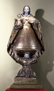 St. Francis opprettholder Madonnaen og barnet (malt tre) av Mexican School