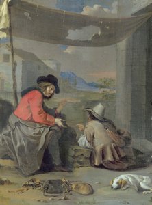 To figurer som sitter med en hund (olje om bord) av Michael (attr. to) Sweerts