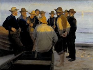 Fiskere ved havet på en sommerkveld