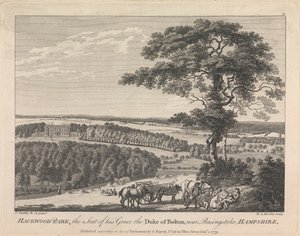 Hackwood Park, setet for hans nåde, hertugen av Bolton, nær Basingstoke, Hampshire (utgitt av G. Kearsly); side 19 (bind to) av Michael Angelo Rooker