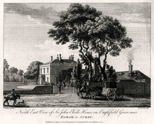 North East View of Sir John Elvils House på Englefield Green nær Egham i Surry, 1775 av Michael Angelo Rooker
