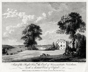 Sete for den høyre ærede jarlen av Harcourt i Nuneham, med en fjern utsikt over Oxford, 1775. av Michael Angelo Rooker
