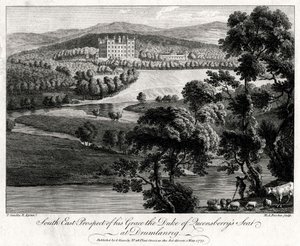 South East Prospect of his Grace the Duke of Queensberrys sete ved Drumlanrig, Skottland, 1775 av Michael Angelo Rooker