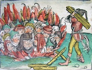 Brenning av jødene i Deggendorf i 1338 fra Schedels Chronicle of the World, 1493.