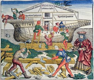 The Building of Noahs Ark, fra Nürnberg Chronicle av Hartmann Schedel, 1493 (fargetresnitt)