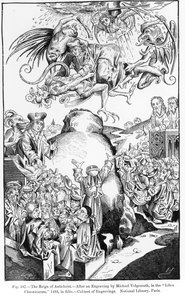 The Reign of Antichrist, fra Liber Chronicarum, utgitt i 1493, illustrasjon fra, Science and Literature in the Middle Ages and Renaissance, skrevet og gravert av Paul Lacroix, 1878 (gravert