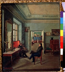 På rommet (på rommet). To menn har en samtale i et borgerlig interiør, kvinnene er i et annet rom. Maleri av Mikhail Fyodorovich Davydov (første halvdel av 1800-tallet). Olje på lerret av Michail Fyodorovich Davydov