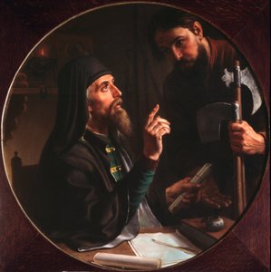 Higoumene (hegoumene) til laurbær av den hellige treenighet (Trinite-Saint-Serge) Dionysius Zobninovsky presenterer en kirkelig gjerning (Hegumen av Lavra Dionysius Zobninovsky presenterer en kirkelig gjerning) - Maleri av Mikhail Ivanovich Skotti (18). av Michail Ivanovich Skotti