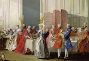 Engelsk te i Salon des Quatre Glaces i huset til Prince de Conti (1717-76) Palais du Temple, detalj av gjestene, 1766
