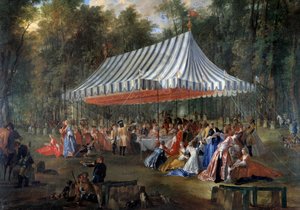 Fest gitt av Louis Francois Joseph de Bourbon, prins av Conti til arvelig prins Charles Guillaume Ferdinand av Brunswick Luebourg (1735-1806), under teltet, i Cassan-skogen, på Isle Adam i 1766 Bankett i parken. Maleri av Michel Ba