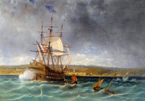 Veteranen kommer inn i havnen i Concarneau Detail. Maleri av Michel Bouquet (1807-1890) Brest fra 1800-tallet, Musee des Beaux Arts av Michel Bouquet
