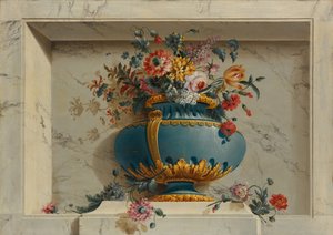 Vase med blomster i en nisje.