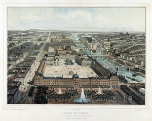 Moderne Paris - Tuileriene, Louvre og Rue de Rivoli, utsikt tatt fra Jardin des Tuileries (nord-vest), pub. 1850 (fargelitografi)