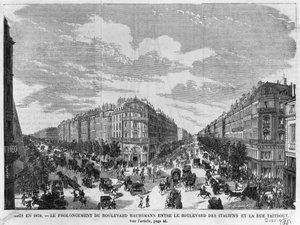 Paris i 1878, Boulevard Haussmann utvidet seg mellom Boulevard des Italiens og rue Taitbout, gravert av Louis Dumont (f.1822) sent på 1800-tallet