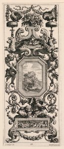 Ornamental panel overbygd av en kurv med blomster og en krans, plate 10 fra Book of Diverse Grotesques malt i kabinettet og badene til Reyne Regente, ved det kongelige slott