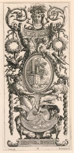 Ornamental Panel overmonteret med et hode flankert av løvverk, plate 11 fra Ornamental Panel overbygd med et hode flankert av løvverk, fra Livre de Diverses Grotesques peintes dans le Cabinet et Bains de la Reyne Regente, au Palais Royale