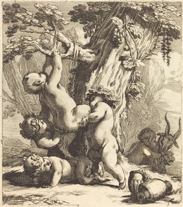 Putti og fauner som klatrer i en vinranke