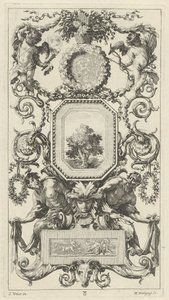 Ornamental panel overbygd av en kurv med blomster med amor og jomfruhinne