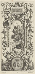 Ornamental panel overbygd av en maritim scene og et skjell