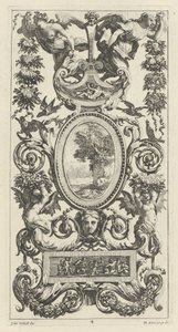 Ornamental panel med pan og to kransbærende kvinner