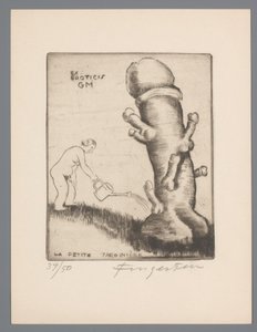 Ex libris av Gianni Mantero Ex eroticis GM (tittel på objekt) La petite jardinière (tittel på objekt) av Michel Fingesten (signed by artist)