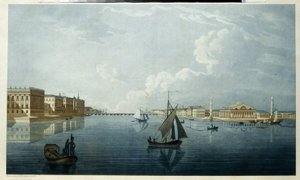 Børsen og Marmorpalasset i St. Petersburg. Beskrivelse av bredden av Neva. Verk av Michel Francois Damam Demartrait (1763-1827), litografi, setting