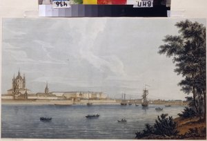 Smolny-klosteret i St. Petersburg. Verk av Michel Francois Damam-Demartrait (Damam Demartrait) (1763-1827), gravering og akvarell