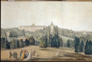 Utsikt over Tsarkoye Selo (Sankt Petersburg). Promenaden til keiserinne Katarina II (1729-1796). (Utsikt over Tsarkoye Selo. Keiserinne Catherine II går). Verk av Michel Francois Damam Demartrait (1763-1827), gravering og akvarell. Fransk kunst