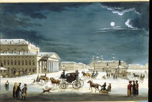 Le theater imperial Bolshoi Kamenny a Saint Petersburg (The Saint Petersburg Imperial Bolshoi Kamenny Theatre). Verk av Michel Francois Damam Demartrait (1763-1827), gravering mise en couleur a l