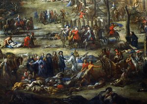 Utsikt over Cours Belsunce, Marseille, under pesten i 1720, detalj som skildrer kardinalen av Belsunce med en gruppe lik av pestofre av Michel Serre