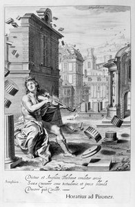 Amphion bygger murene til Theben ved musikken til fiolinen hans, 1655 av Michel de Marolles