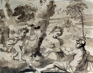 Kjærlighet, en hyrde og en nymfe. Tegning av Michel Corneille (1642-1708)