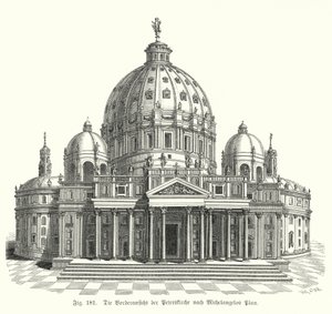 Utsikt over Michelangelos design for fasaden til Peterskirken, Roma, Italia (gravering)